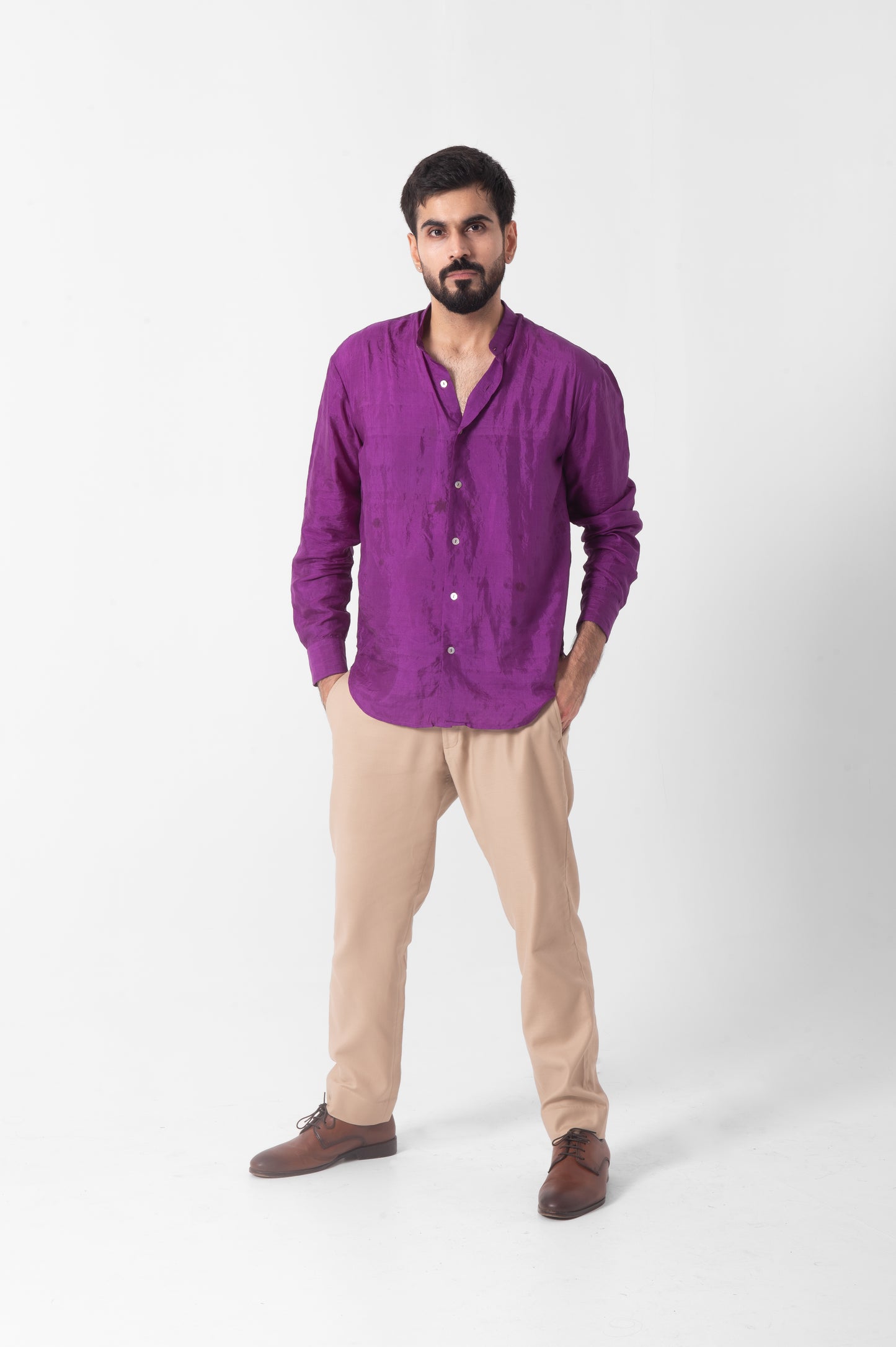 Dark Purple Mulberry Silk Shirt in Full Sleeves